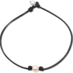 Pearl Black Leather Choker Necklace Genuine Leather Wrap Rope Pearl Choker Neckl
